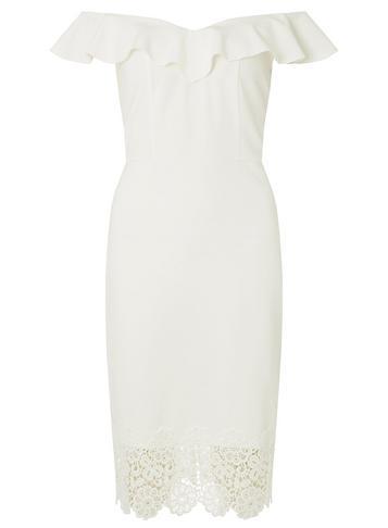 Dorothy Perkins Ivory Bardot Ruffle Lace Hem Pencil Dress