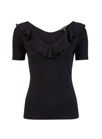 Dorothy Perkins Black Short Sleeve Ruffle Neck Top
