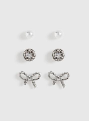 Dorothy Perkins 3 Pack Crystal Bow And Pearl Earrings
