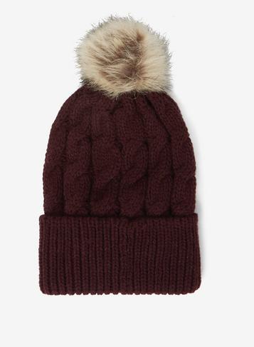 Dorothy Perkins Burgundy Cable Knit Pom Pom Hat