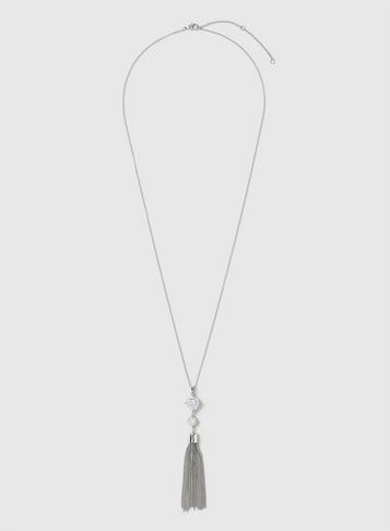 Dorothy Perkins Silver Cubic Zirconia Lariat Tassel Necklace