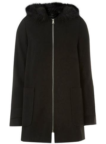 Dorothy Perkins *tall Black Faux Fur Hooded Duffle Coat