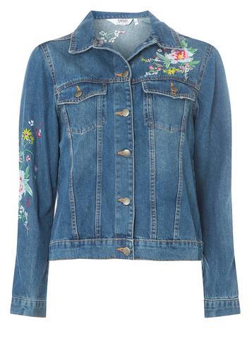 Dorothy Perkins Midwash Blue Floral Embroidered Denim Jacket