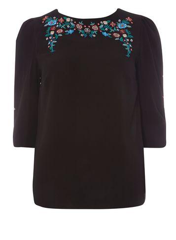 Dorothy Perkins Black Embroidered Puff Sleeve Top