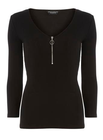 Dorothy Perkins Black Rib Zip V Neck Top