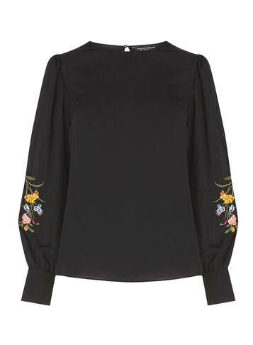 Dorothy Perkins Black Embroidered Blouson Sleeve Top
