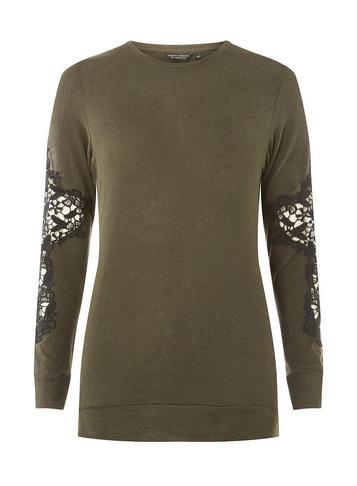 Dorothy Perkins Khaki Lace Insert Sleeve Top