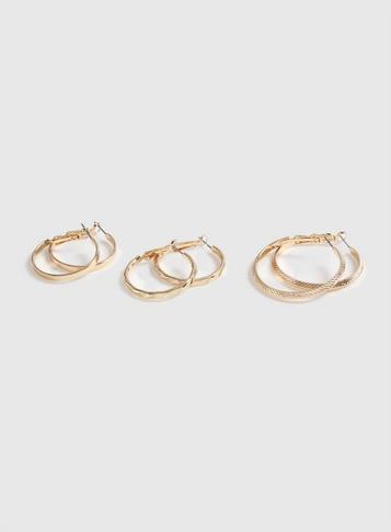 Dorothy Perkins 3 Pack Gold Plain And Textured Hoop Earrings
