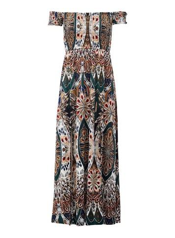 *izabel London Green Peacock Print Bardot Dress