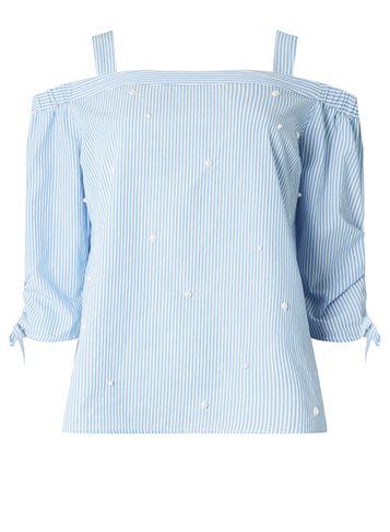 Dorothy Perkins Blue Striped Pearl Cold Shoulder Top
