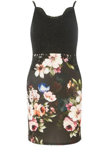 Dorothy Perkins Black Lace Top Floral Skirt Bodycon Dress