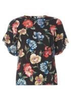 Dorothy Perkins Petite Black Floral Ruffle Sleeve Blouse