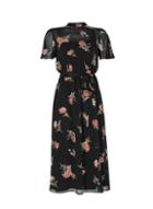 Dorothy Perkins Black Floral Print Belted Fit And Flare Dress