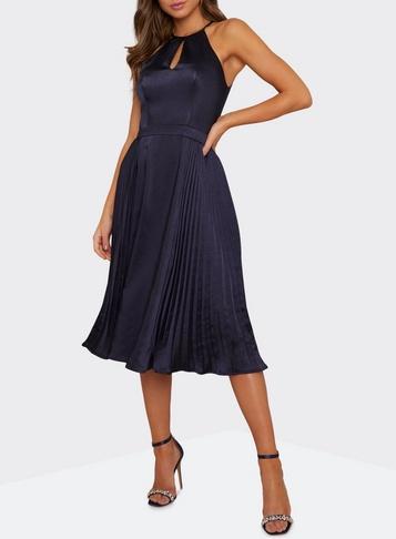 *chi Chi London Navy Satin Pleated Midi Dress