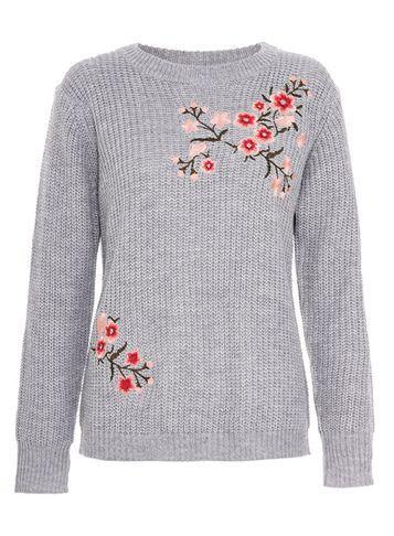 Dorothy Perkins *quiz Grey Floral Embroidered Knitted Jumper