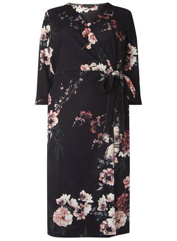 Dorothy Perkins Dp Curve Black Floral Sleeve Wrap Dress