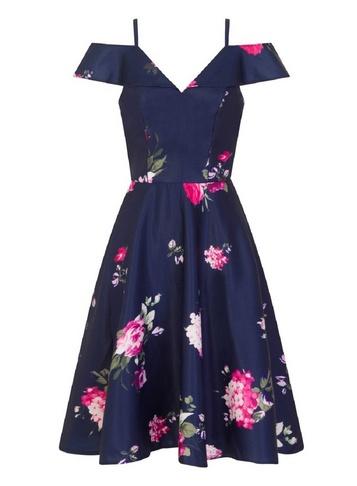 *chi Chi London Navy Floral Midi Skater Dress