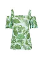Dorothy Perkins *tall Green Tropical Print Cold Shoulder Top