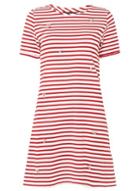 Dorothy Perkins Red And White Striped Embroidered Shift Dress
