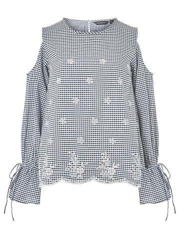 Dorothy Perkins Navy Gingham Embroidered Cold Shoulder Top