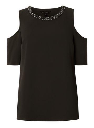 Dorothy Perkins Black Embellished Neck Cold Shoulder Top