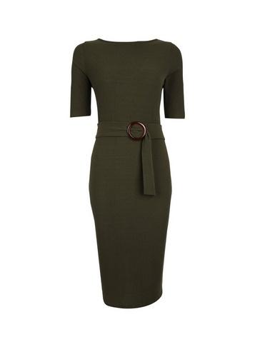 Dorothy Perkins Khaki Scoop Back Belt Ribbed Bodycon Dress