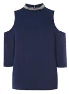 Dorothy Perkins Navy Embellished Neck Cold Shoulder Top