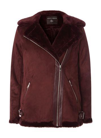 Dorothy Perkins Burgundy Faux Shearling Biker Jacket