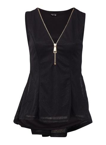 *izabel London Black Zip Neck Dip Hem Top