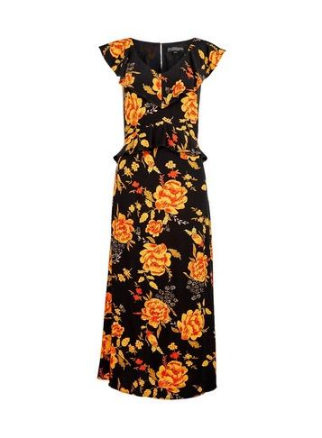 Dorothy Perkins Ochre Floral Print Ruffle Detail Midi Skater Dress
