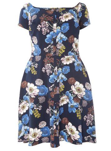 Dorothy Perkins Dp Curve Navy Floral Print Bardot Fit And Flare Dress