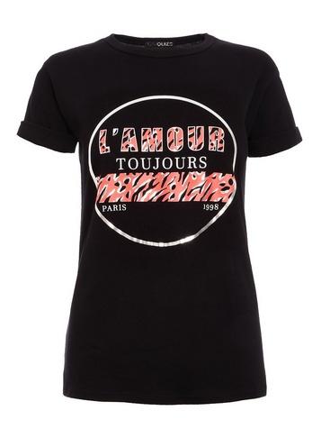 *quiz Black Animal Print Slogan T-shirt