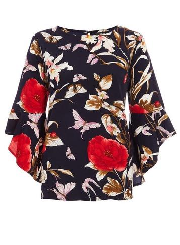 *quiz Multi Colour Floral Print Frill Sleeve Top