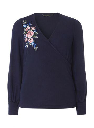 Dorothy Perkins Navy Embroidered Wrap Front Top