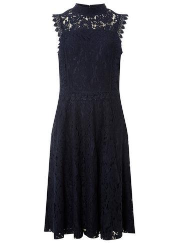 Dorothy Perkins Blue Shirred Neck Lace Midi Skater Dress