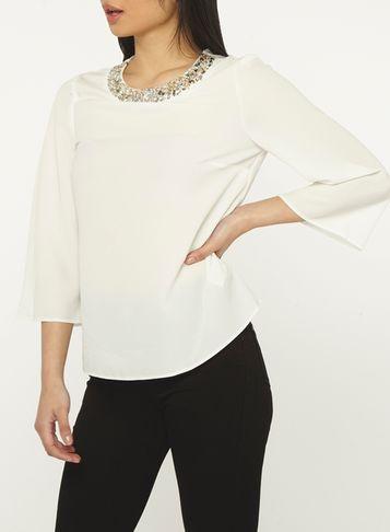 Dorothy Perkins Petite Ivory Embellished Neck Top