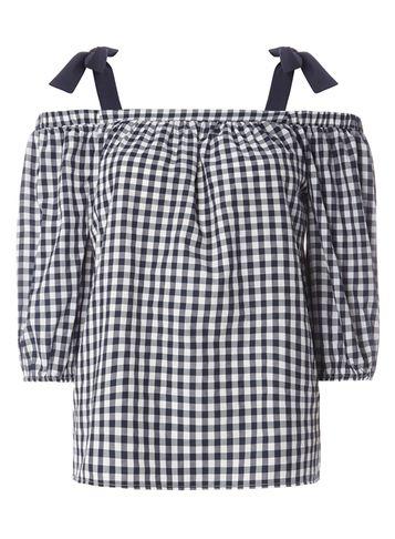 Dorothy Perkins Navy Gingham Tie Cold Shoulder Top
