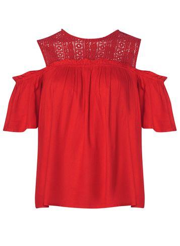 Dorothy Perkins Red Lace Yoke Cold Shoulder Top