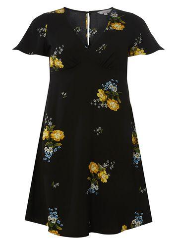 Dorothy Perkins Petite Black Floral Print Tea Fit And Flare Dress