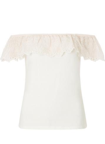 Dorothy Perkins Ivoryy And Pink Striped Ruffle Bardot Top