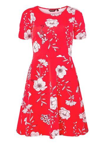 Dorothy Perkins Red Floral Print Ruched Sleeve Fit And Flare Dress