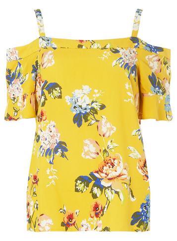 Dorothy Perkins Ochre Floral Print Frill Cold Shoulder Top