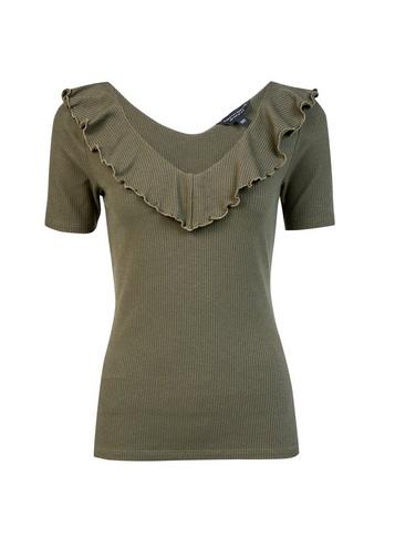 Dorothy Perkins Khaki Short Sleeve Ruffle Neck Top