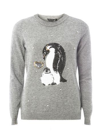 Dorothy Perkins Grey Sequin Pearl Penguin Jumper