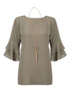 Dorothy Perkins *quiz Khaki 3/4 Frill Sleeve Top With Necklace