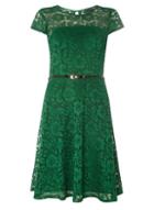 Dorothy Perkins Green Lace Belted Fit And Flare Dress