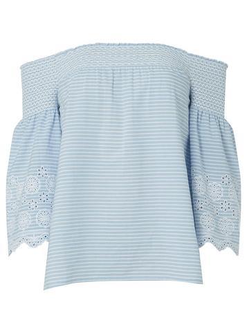 Dorothy Perkins Blue And White Striped Shirred Broderie Bardot Top