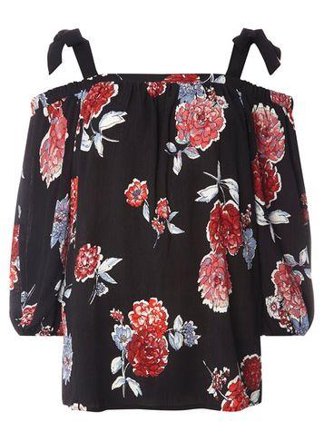 Dorothy Perkins Black Floral Tie Cold Shoulder Top