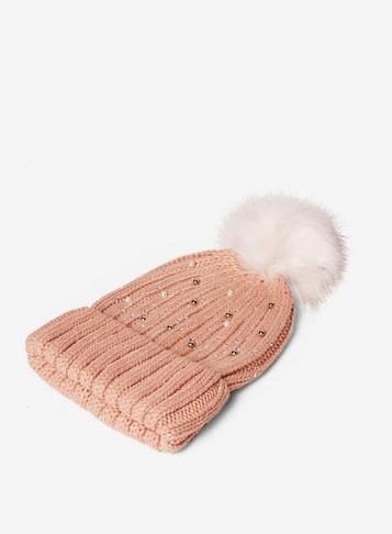 Dorothy Perkins Pink Pearl Embellished Pom Pom Beanie Hat
