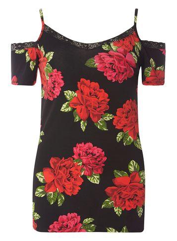 Dorothy Perkins Black Rose Print Lace Trim Top
